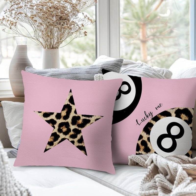 Nipil Trendy Leopard Pillow Covers 18x18, Pink Cheetah Leopard Print Room Decor, Preppy Cheetah Print Star Lucky 8 Ball Decorative Throw Pillow Covers for Girls Bedroom Dorm Apartment, Set of 2 - Image 3